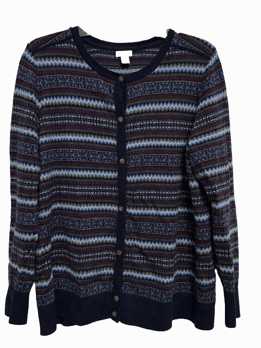 LL Bean Cotton Cashmere Nordic Fair Isle Cardigan Sweater Women's XL PET Blue